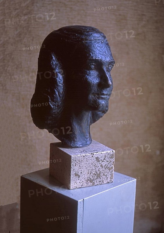 Bust of Anne Frank in the Anne Frank House, Prinsengracht, Amsterdam, Netherlands. Europe. Scanned 4.5x6 dia