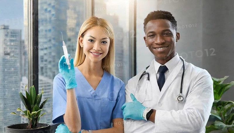 Ai generated, RF, woman, woman, man, men, doctor, female doctor, two, 30-35, years, attractive, attractive, doctor's office, holds a syringe in her hand, disposable syringe, flu shot, corona, pneumococcal, prevention, health, blonde, blond, blonde, beautiful teeth, long hair, two people, German, African