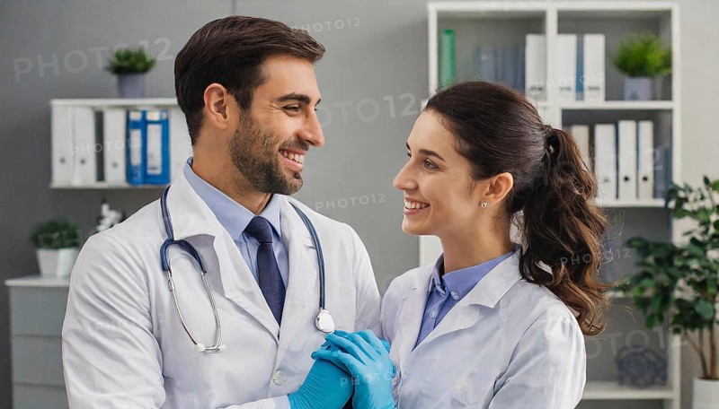 AI generated, RF, woman, woman, man, men, doctor, female doctor, two, 30-35, years, attractive, attractive, doctor's office, hold, hand, in love, love, affection, tenderness, blond, blonde, blonde, beautiful teeth, long hair, two people, lovers, bearded, AI generated