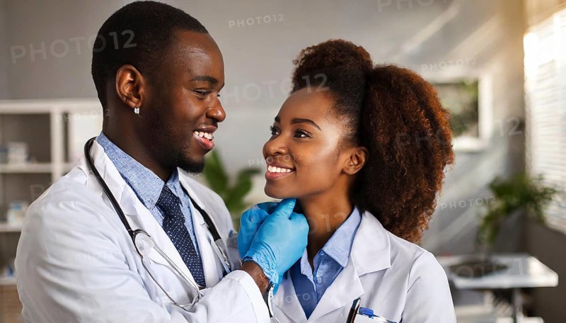 AI generated, RF, woman, woman, man, men, doctor, female doctor, two, 30-35, years, attractive, attractive, doctor's office, hold, hand, in love, love, affection, tenderness, blond, blonde, blonde, beautiful teeth, long hair, two people, lovers, bearded, AI generated
