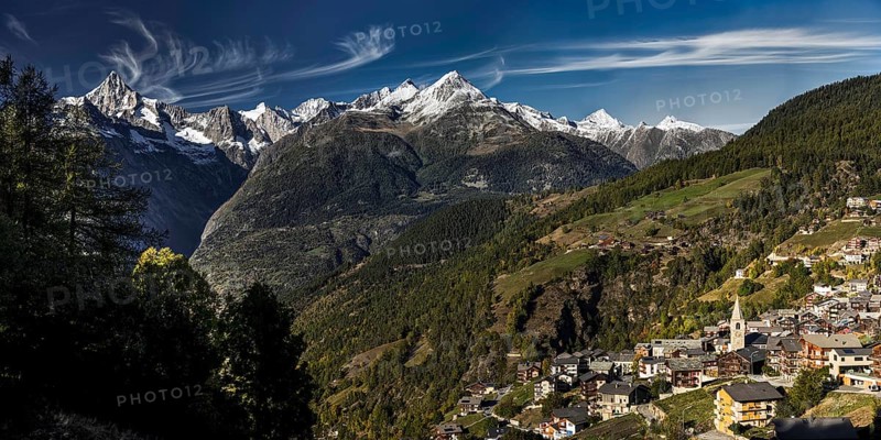 Visperterminen with the Bietschhorn in the Swiss Alps, idyll, idyllic, summer, mountain village, panorama, travel, holiday, hiking holiday, hiking, tourism, outdoor, Valais, Switzerland, Europe