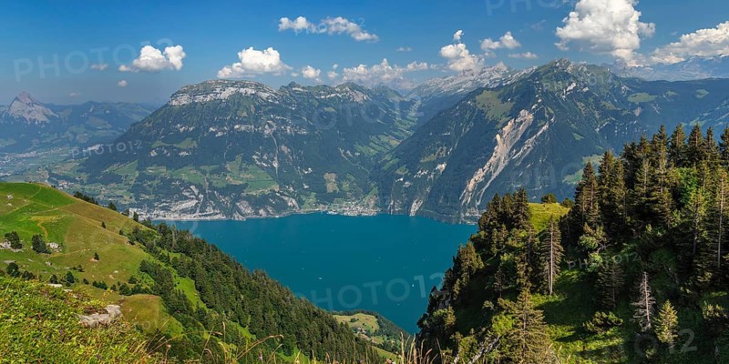 View from Niederbauen Kulm (1923m) to Fronalpstock (2123m) and Sisikon, Lake Lucerne, Canton Uri, Switzerland, Lake Lucerne, Uri, Switzerland, Europe