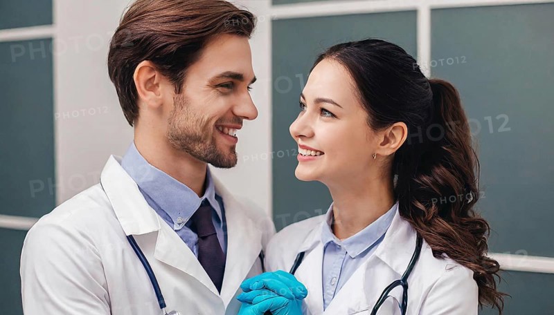 AI generated, RF, woman, woman, man, men, doctor, female doctor, two, 30-35, years, attractive, attractive, doctor's office, hold, hand, in love, love, affection, tenderness, blond, blonde, blonde, beautiful teeth, long hair, two people, lovers, bearded, AI generated