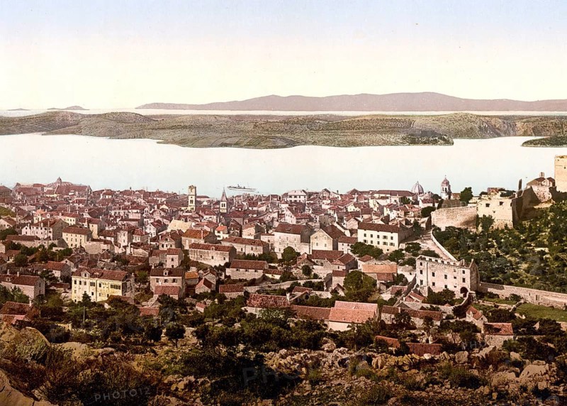 Sebenico, Sibenik, from the fort, Dalmatia, former Austro-Hungary, today Croatia, c. 1890, Historic, digitally restored reproduction from a 19th century original Sebenico, 1890, Historic, digitally restored reproduction from a 19th century originalSibenik, from the fort, Dalmatia, former Austro-Hungary, today Croatia