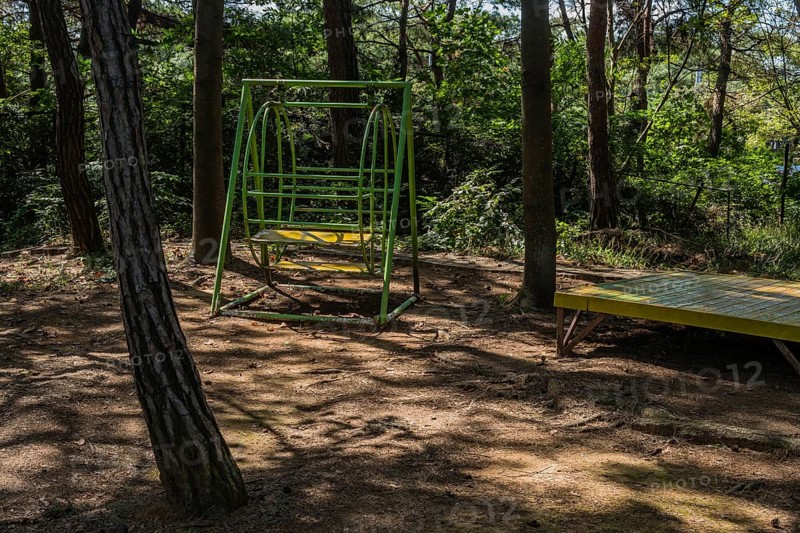 Metal swing bench under trees in shaded roadside park in South Korea