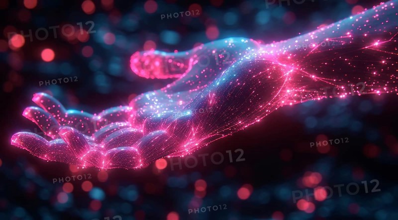 A hand composed of digital particles in a virtual reality setup, glowing with neon blue and red colors, AI generated