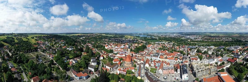 Aerial view of Dingolfing with a view of the historic town centre. Dingolfing, Lower Bavaria, Bavaria, Germany, Europe
