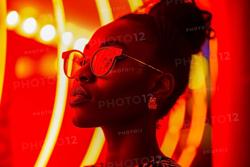 Side silhouette of a woman with trendy glasses, surrounded by a soft, red neon light in a disco, AI generated, AI generated