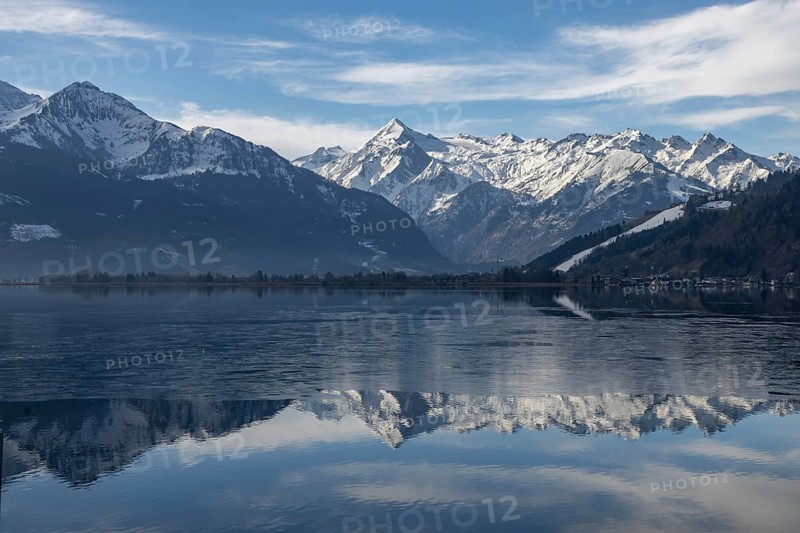 Landscape panorama, mountains, lake, reflection, pinzgau, zellamsee, kitzsteinhorn, frozen