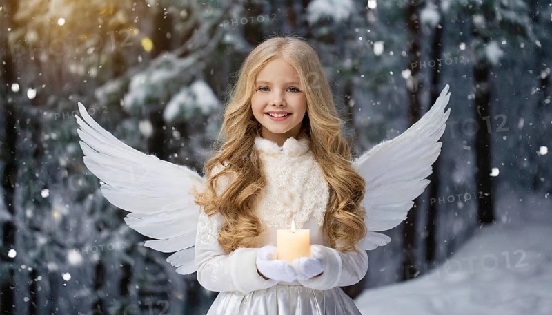 AI generated, girl, angel, winter, snow, ice, firs, snowy, snowflakes, winter landscape, costume, clothes, angel costume, candle, candles, light, lights, beautiful teeth, smiles, friendly, Christmas, evening, night shot, winter forest, church, one person, 8-12 years, burning candle
