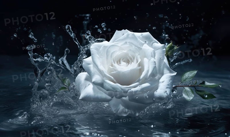 A white rose in dynamic water splash against a dark background, evoking energy AI generated