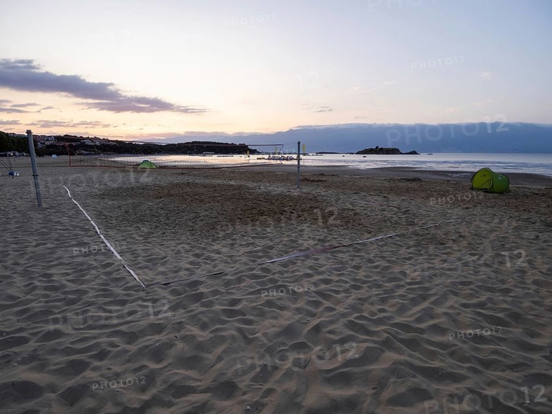 Morning atmosphere on the beach at sunrise, beach volleyball court, Lopar, island of Rab, Kvarner Gulf Bay, Croatia, Europe