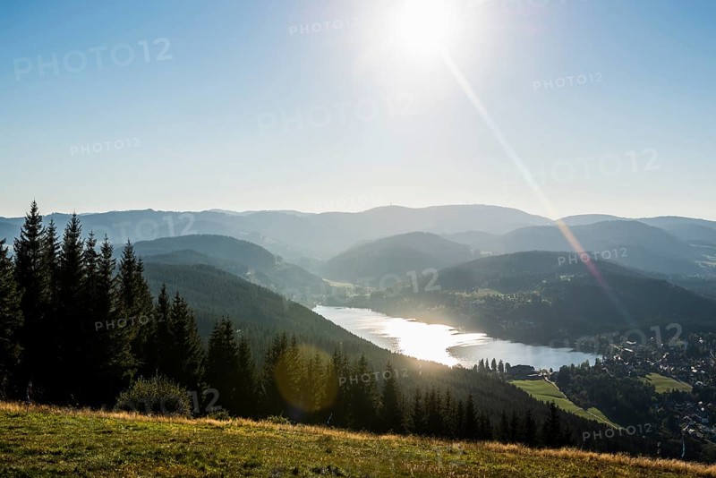 View from Hochfirst to Titisee and Feldberg, sunset, near Neustadt, Black Forest, Baden-Wuerttemberg, Germany, Europe