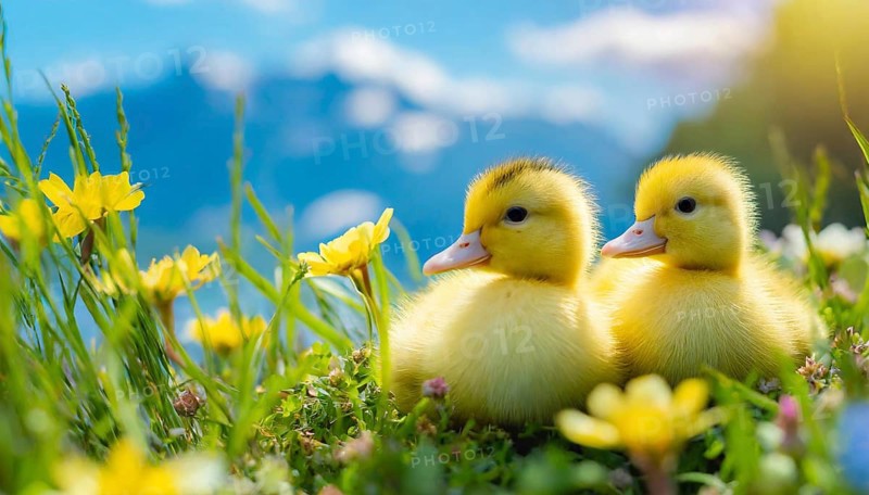 KI generated, animal, animals, bird, birds, biotope, habitat, one, single animal, foraging, wildlife, duck, ducks, domestic duck, female, (Anas platyrhynchos) white, white, yellow ducklings, young animals, animal children, two, three, four, white duck mother with yellow chicks, excursion, water, meadow, grass, spring, summer, flowers, pond, swimming, sitting, farm animal, domestic animal