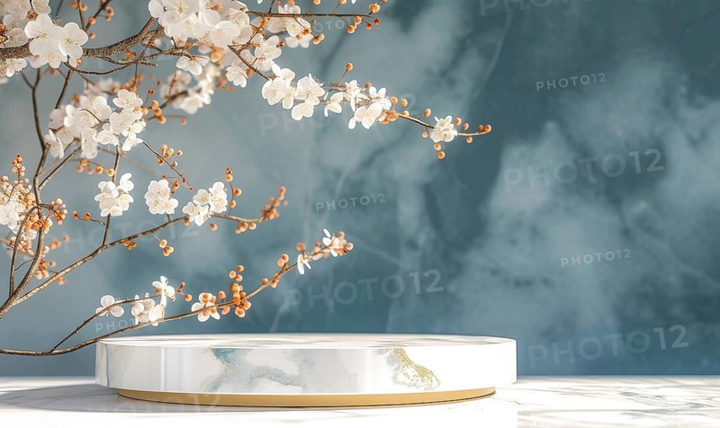 White marble podium with cherry blossom branch on blue background AI generated