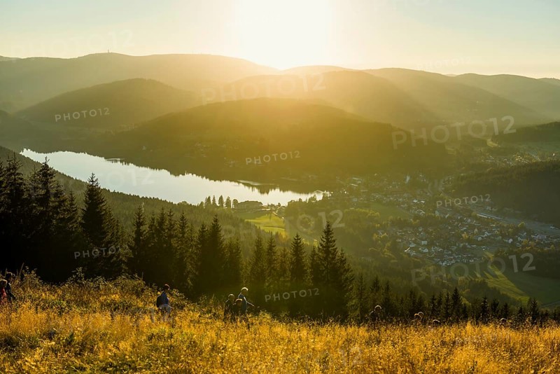 View from Hochfirst to Titisee and Feldberg, sunset, near Neustadt, Black Forest, Baden-Wuerttemberg, Germany, Europe