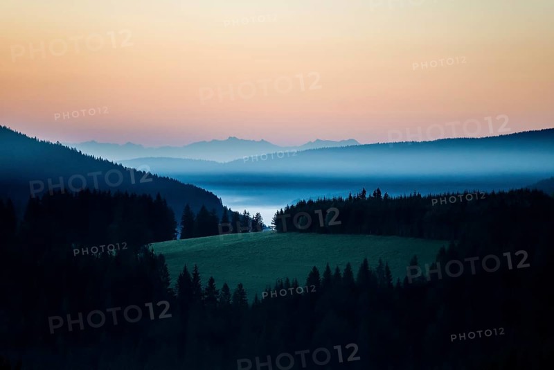Morning mist, morning mood, sunrise, view from Thurner, Swiss Alps in the background, Black Forest, Baden-Wuerttemberg, Germany, Europe