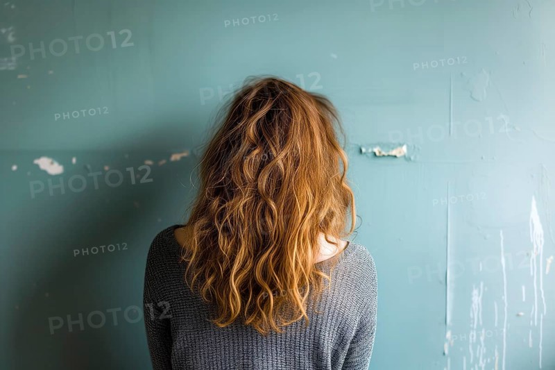 A young woman stands in front of a green wall and you see her from behind, her wavy hair in focus, symbolising depression and abuse, AI generated, AI generated