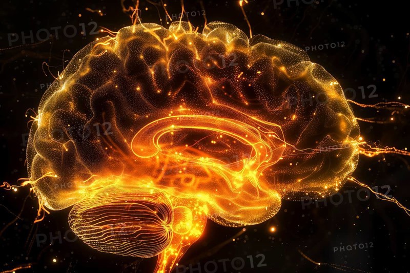 A glowing brain in orange and yellow tones symbolising electrical activity, AI generated, AI generated