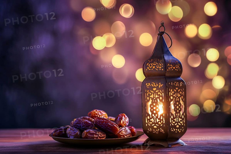 Ramadan lantern to a plate of succulent figs in violet purple tones, set on an ornate table with intricate designs. Rich traditions and serene moments of the holy month Ramadan, AI generated