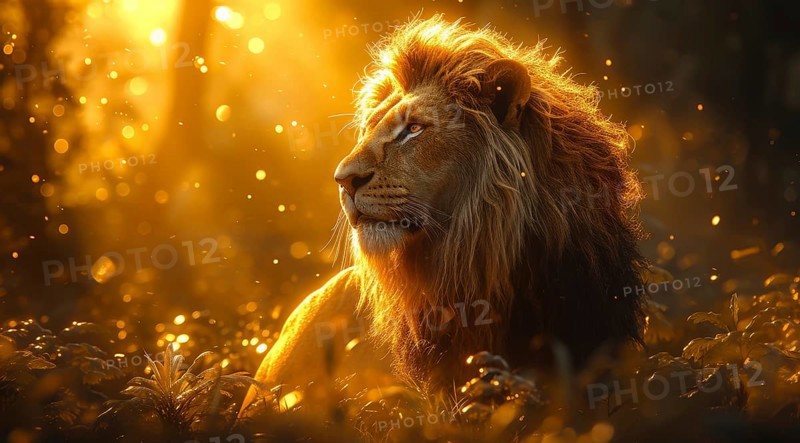 Serene lion in backlight with golden light filtering through foliage, ai generated, AI generated