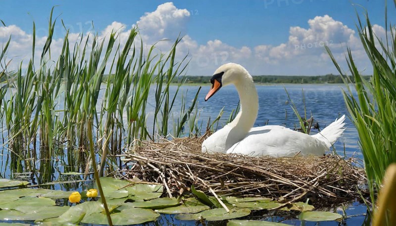 Ai generated, animal, animals, bird, birds, biotope, habitat, a, individual, water, reed, water lilies, blue sky, foraging, wildlife, white, white swan, swans, mute swan (Cygnus olor), summer, seasons, sideways