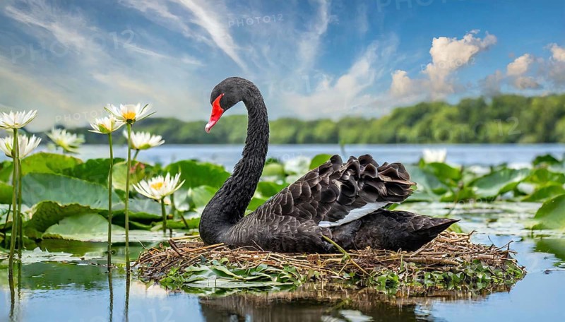 KI generated, animal, animals, bird, birds, biotope, habitat, one, individual, water, reed, blue sky, foraging, wildlife, summer, seasons, black swan (Cygnus atratus), Black Swan, snow, ice, winter