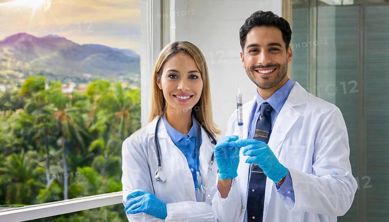 Ai generated, RF, woman, woman, man, men, doctor, female doctor, two, 30-35, years, attractive, attractive, doctor's office, holds a syringe in her hand, disposable syringe, flu shot, corona, pneumococcal, prevention, health, blond, blonde, blonde, beautiful teeth, long hair, two people