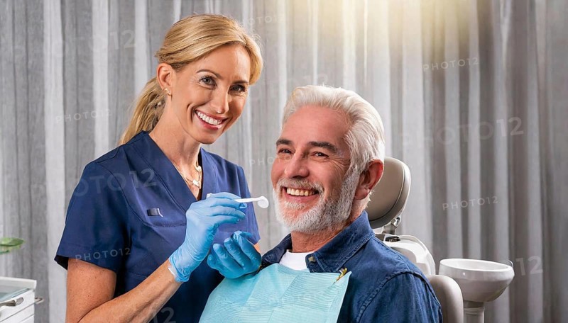 AI generated, dentist treats an attractive older man, senior, seniors, 65, dentist, blonde, 30, 35, years, dental treatment, follow-up, AI generated