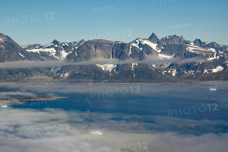 Iceberg, ice and islands, in a fjord, aerial view, rough, snow-covered rough, snow-covered mountain landscape, aerial view, South Greenland, Nanortalik, North America, Greenland, Denmark, North America