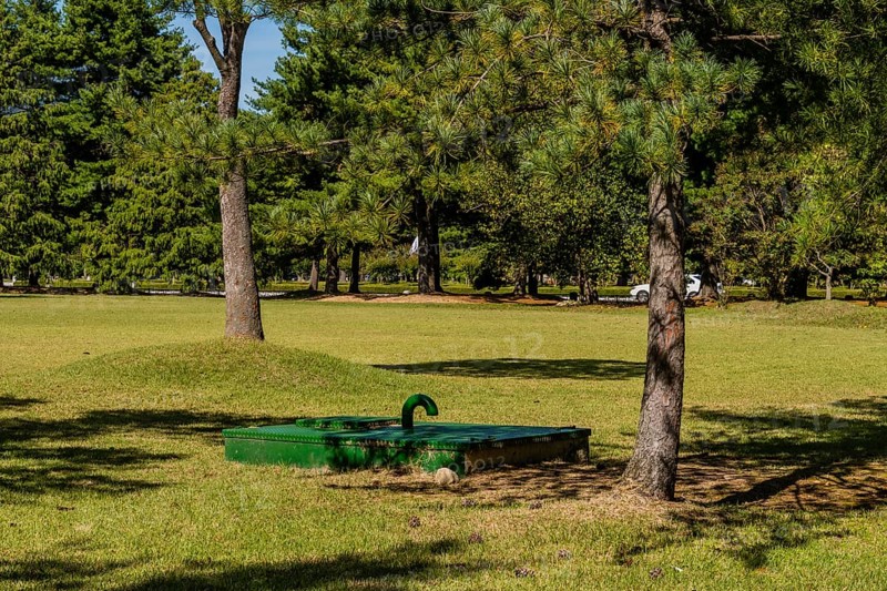 Green, rectangle underground maintenance access point shaded by evergreen trees in public park on sunny afternoon in South Korea