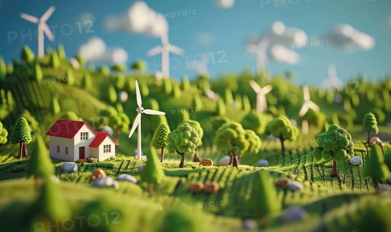 Ecology concept. Miniature model of a house with wind turbines and trees AI generated
