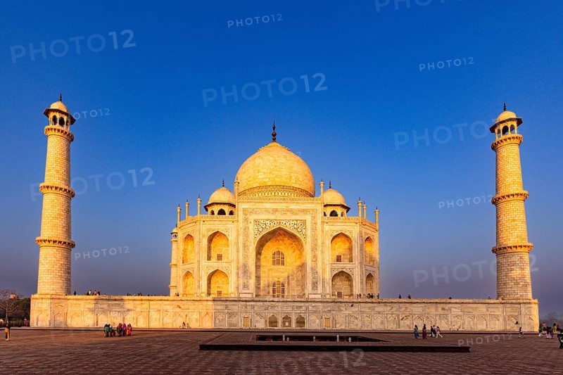 Illuminated Taj Mahal in the blue hour with an intense blue sky above, Taj Mahal, Agra, India, Asia