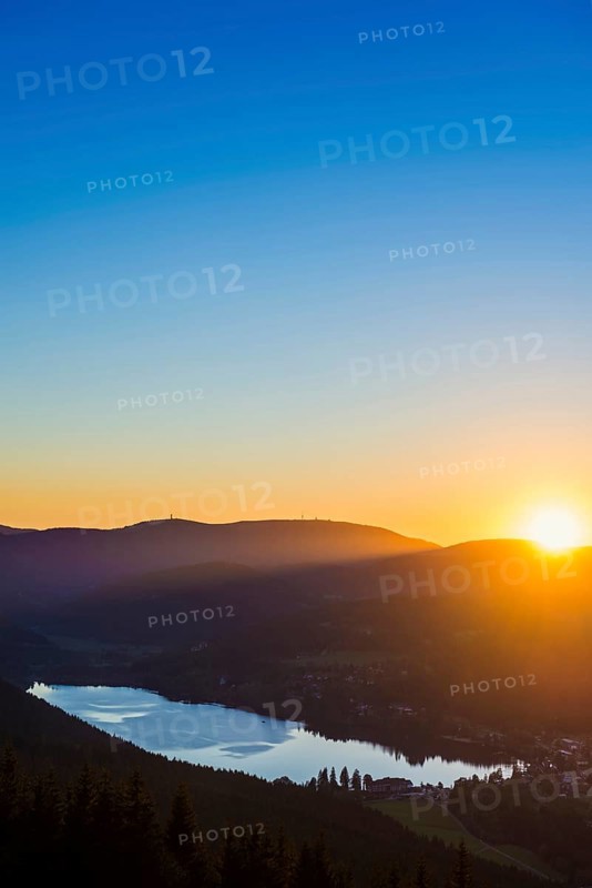 View from Hochfirst to Titisee and Feldberg, sunset, near Neustadt, Black Forest, Baden-Wuerttemberg, Germany, Europe