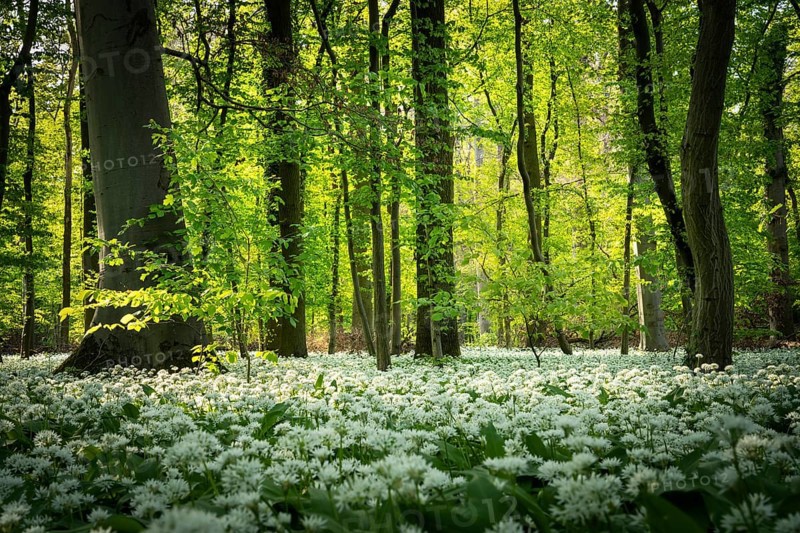 A deciduous forest with white flowering ramson (Allium ursinum) in spring in the evening sun. Rhine-Neckar district, Baden-Wuerttemberg, Germany, Europe
