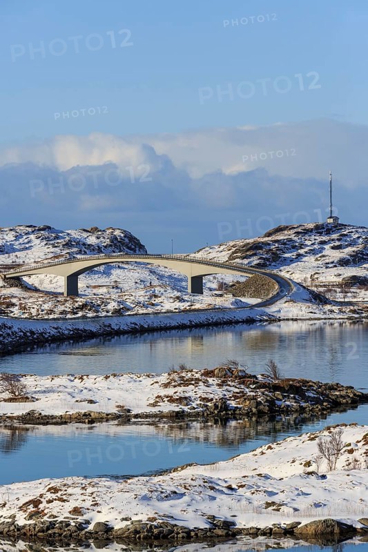Fredvang bridges in winter, Fredvang, Lofoten, Nordland, Norway, Europe