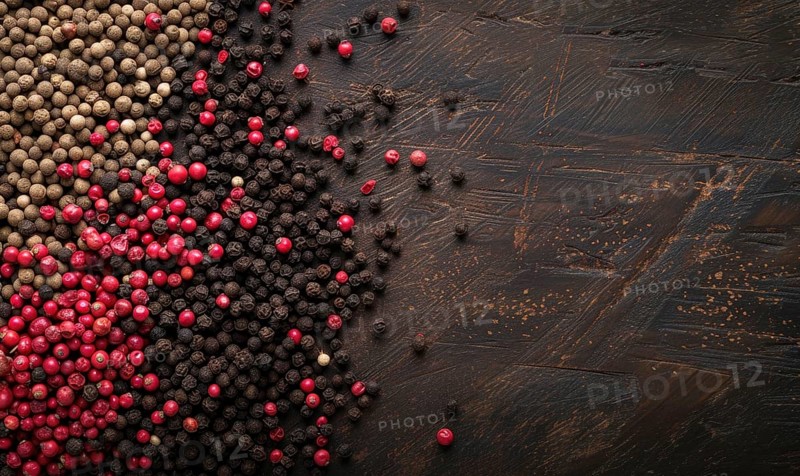 Black and pink pepper mix on wooden background. Top view with copy space AI generated