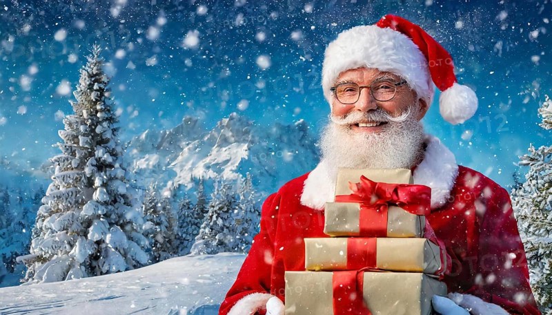 AI generated, man, 70+, Father Christmas, red coat, backpack, full beard, winter, snow, ice, fir trees, snowy, snowflakes, winter landscape, Christmas hat, costume, clothes, colourful, colourful presents, packages, nice teeth, smiles, friendly, Christmas, evening, night shot, winter forest