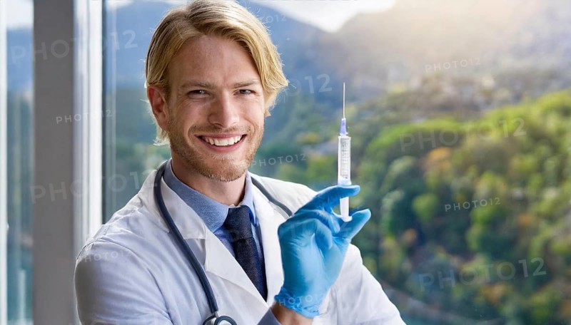Ai generated, RF, man, men, doctor, doctors, 30, 35, years, attractive, attractive, doctor's office, holds a syringe in his hand, disposable syringe, flu shot, corona, pneumococcus, prevention, health, smiles, beautiful teeth, bearded man