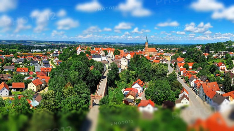 Aerial view of Dingolfing with a view of the historic town centre. Dingolfing, Lower Bavaria, Bavaria, Germany, Europe