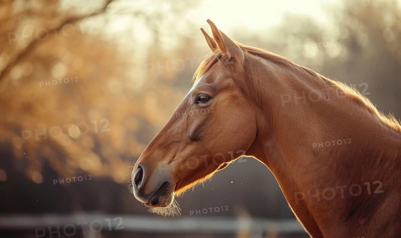 Horse captured in golden hour sunlight, with a calm profile view AI generated
