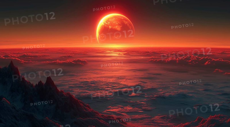 Full moon rising over a cloud-filled landscape at sunset with reddish hues, AI generated