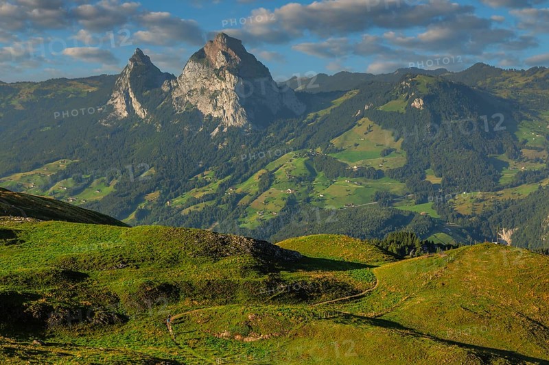 View from Fronalpstock to the Little and Great Mythen, Schyz Alps, Canton Schwyz, Switzerland, Morschach, Schwyz, Switzerland, Europe