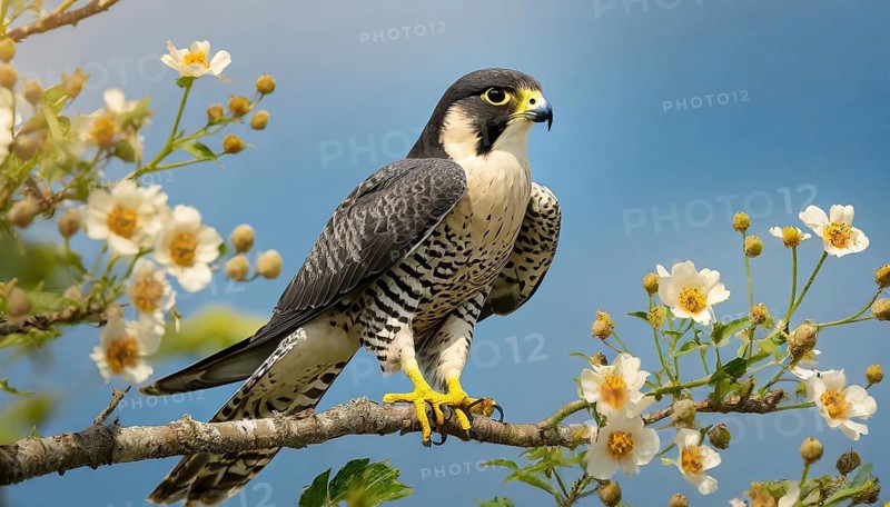 KI generated, animal, animals, bird, birds, biotope, habitat, a, individual, sits, branch, perch, summer, peregrine falcon (Falco peregrinus) flight recording, blue sky, tree blossom, fruit tree, fruit tree blossom