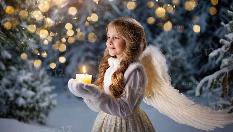 AI generated, girl, angel, winter, snow, ice, firs, snowy, snowflakes, winter landscape, costume, clothes, angel costume, candle, candles, light, lights, beautiful teeth, smiles, friendly, Christmas, evening, night shot, winter forest, church, one person, 8-12 years, burning candle