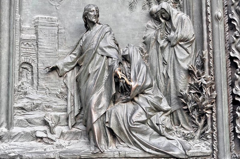 Door decoration in the entrance area, church motifs, Milan Cathedral, Duomo, start of construction 1386, completion 1858, Milan, Milano, Lombardy, Italy, Europe