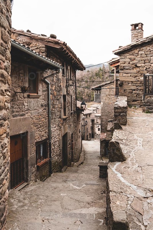 Streets in the medieval town of Rupit in Catalonia Spain
