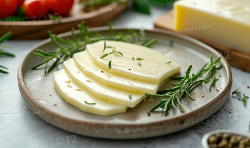 Slices of feta cheese with rosemary and spices on a wooden background AI generated