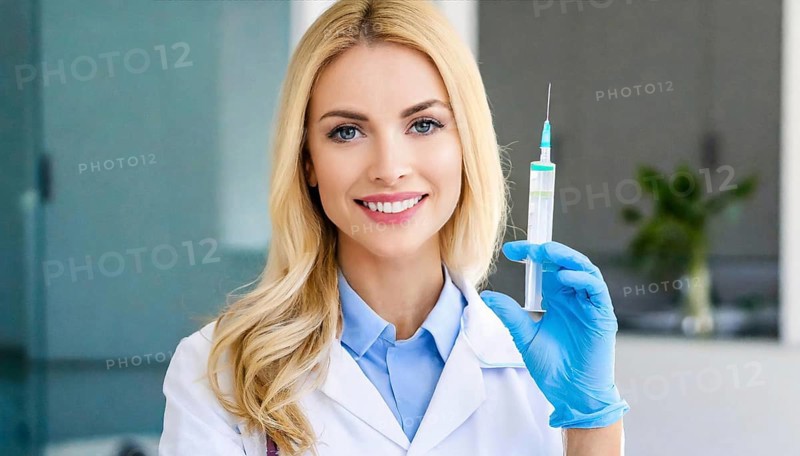 AI generated, RF, woman, woman, doctor, female doctor, 25, 30, years, attractive, attractive, doctor's office, holds a syringe in her hand, disposable syringe, flu shot, corona, pneumococcal, prevention, health, blonde, blonde, beautiful teeth, long hair