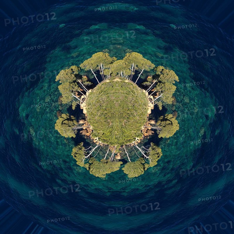 View from Cap Canaille to the green pines and the blue water of the bay, Provence, France, photomontage (Pol), Europe